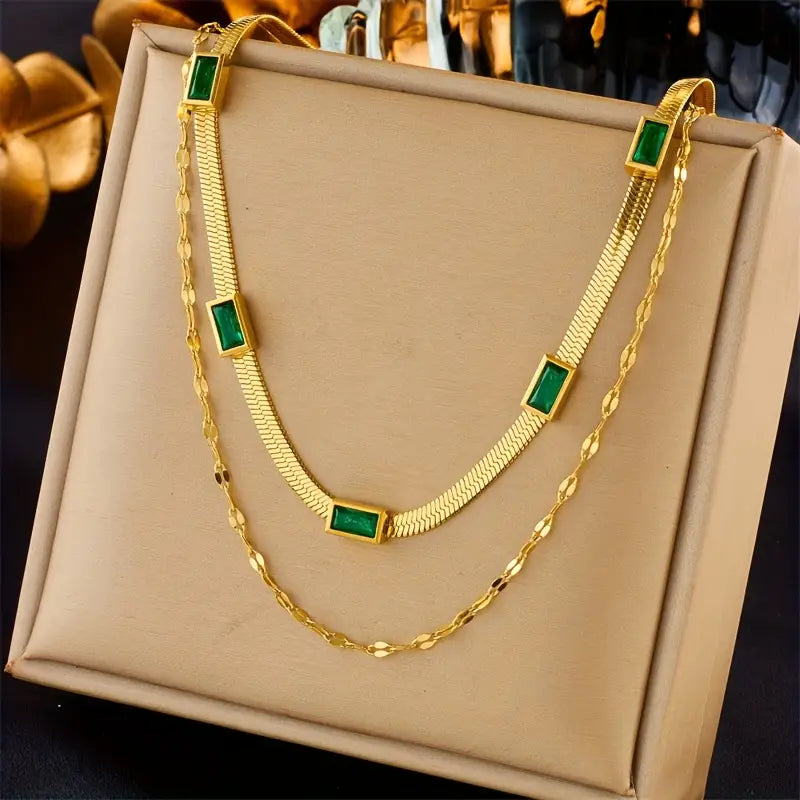 Sorella Double Row Necklace with Gem | Gold