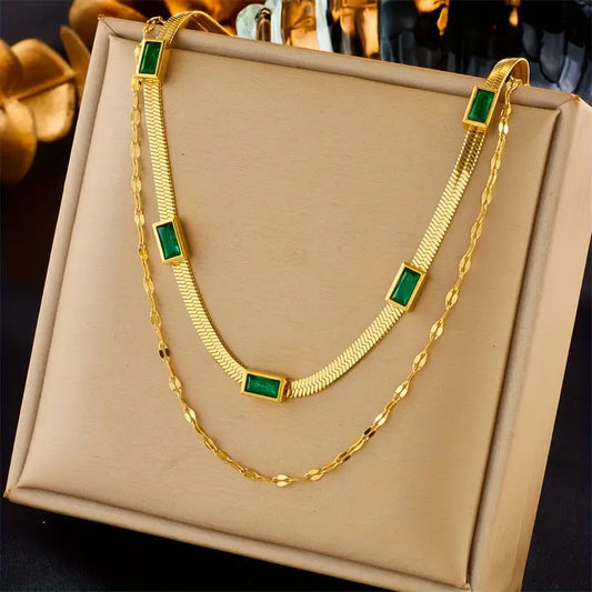 Sorella Double Strand Retro Gold Necklace with Gemstone