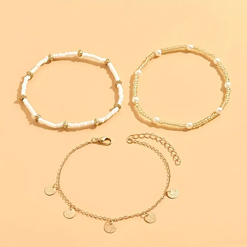 Coastal Charm – Set of 3 Layered Anklets