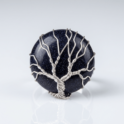 Tree Of Life Blue Sandstone Silver Ring - (Adjustable)